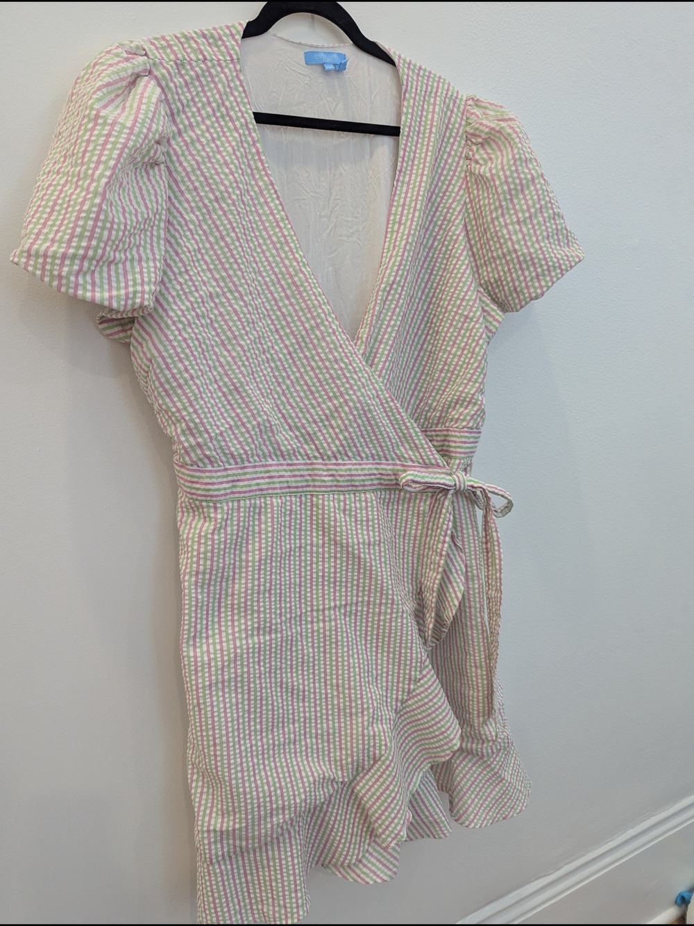 Draper James Seersucker Wrap Mini Dress in Pink and White